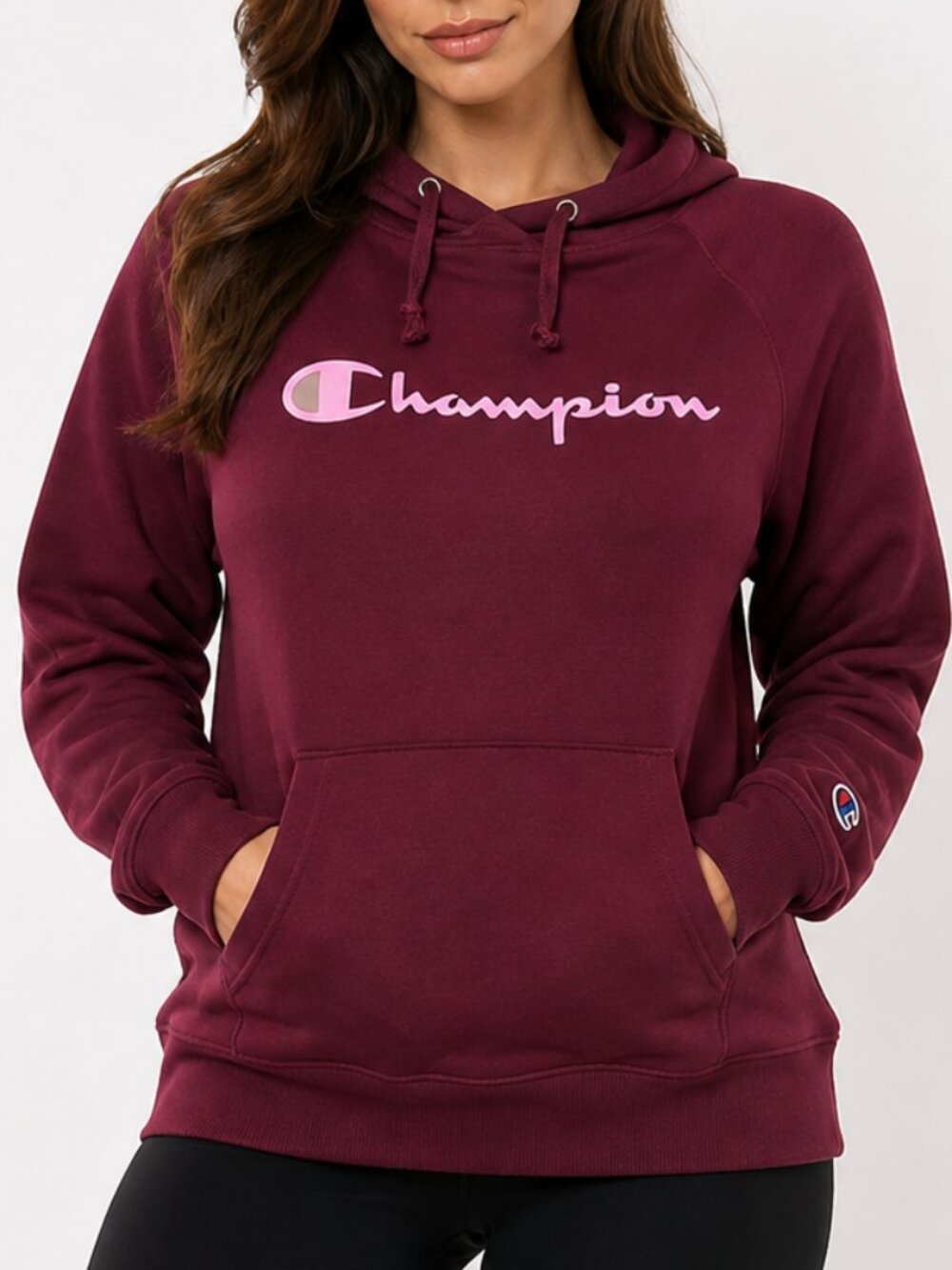 Champion Womens Hoodie Small Burgundy Logo Pullover Sweatshirt Casual
